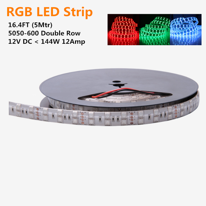 DC12V <144W, 12Amp 5Meter (16.4Feet) Waterproof IP65 SMD5050 600LED RGB Multi-Color Changing Flexible LED Strips 120LEDs Per Meter Double Row 15mm Wide White PCB